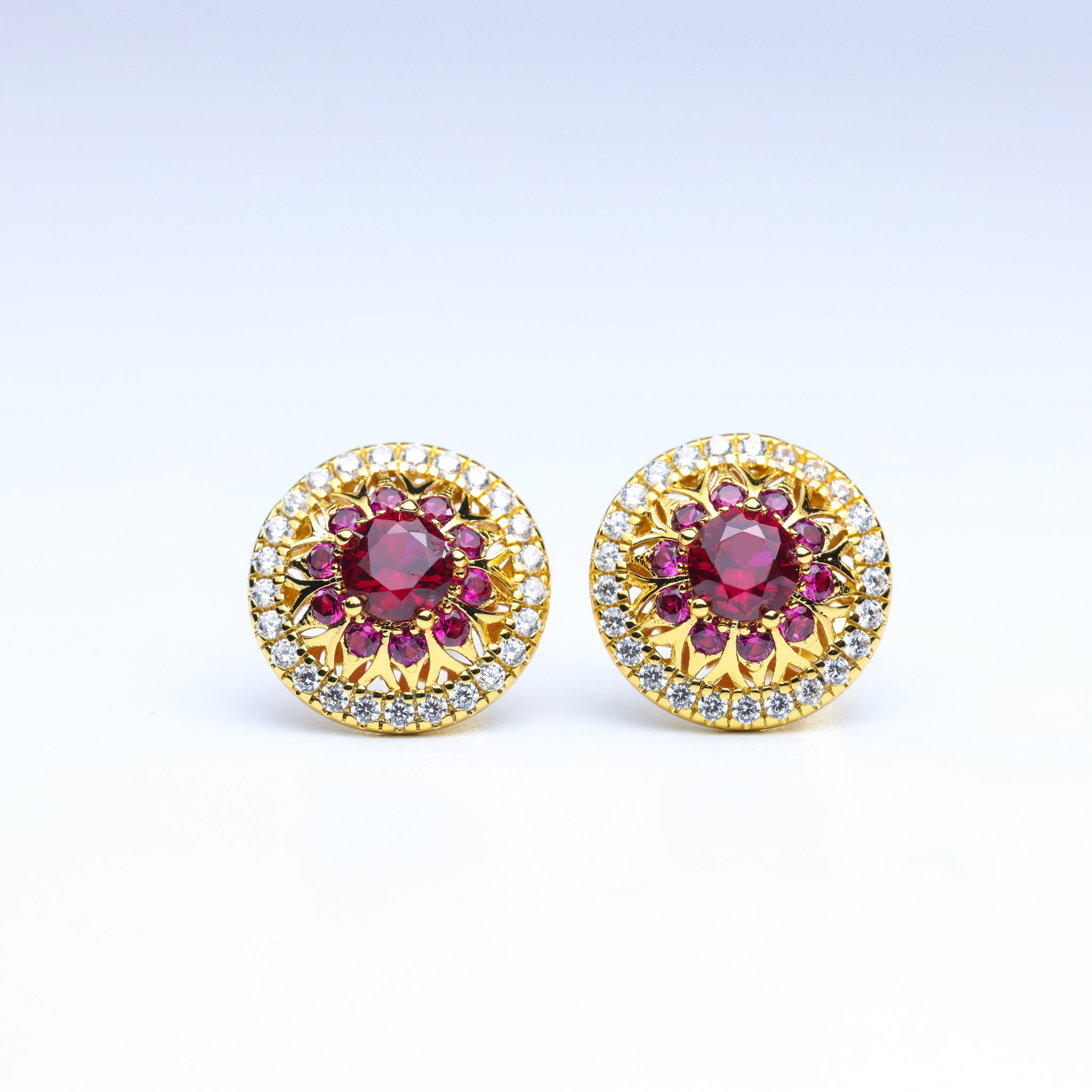 Picture of 18K Gold Plated Vintage Ruby Halo Stud Earrings with Cubic Zirconia