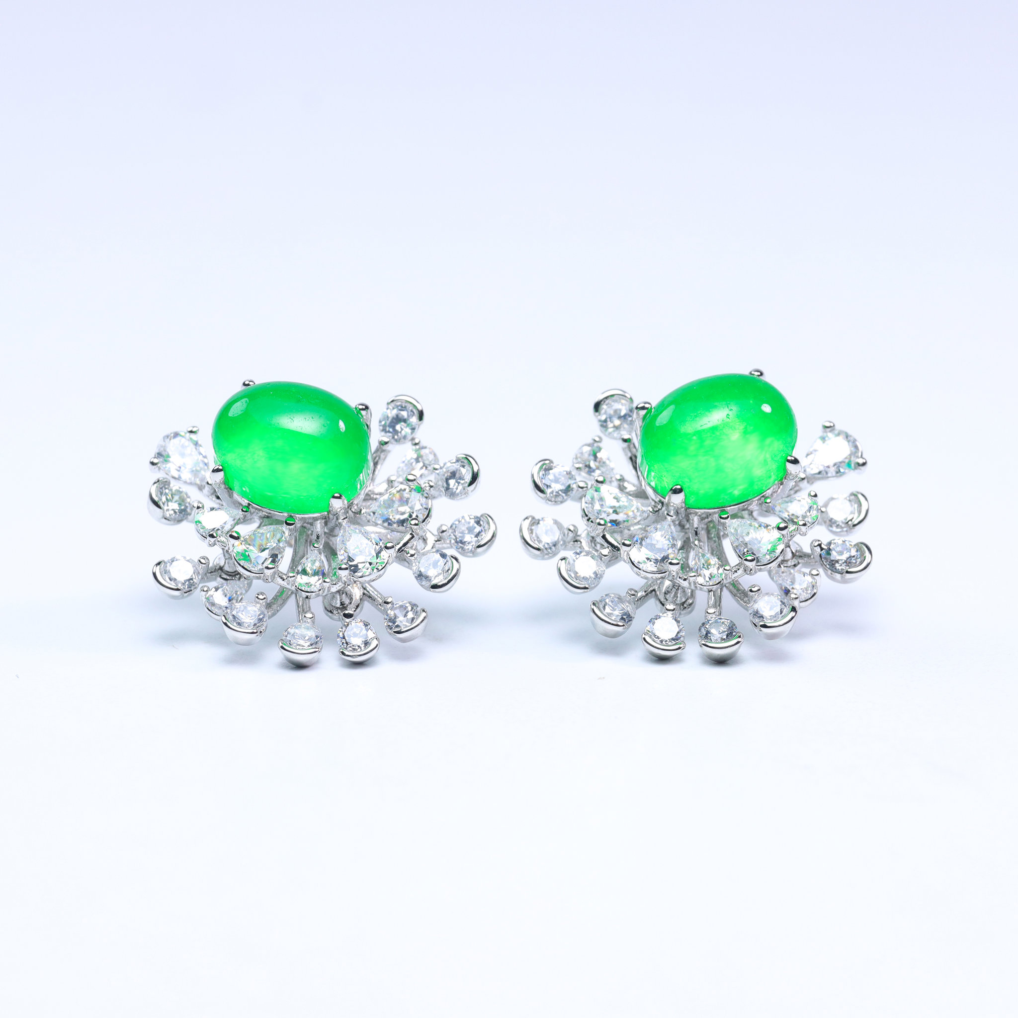 Picture of 18K Gold Plated Jade Cabochon Flower Stud Earrings with Cubic Zirconia