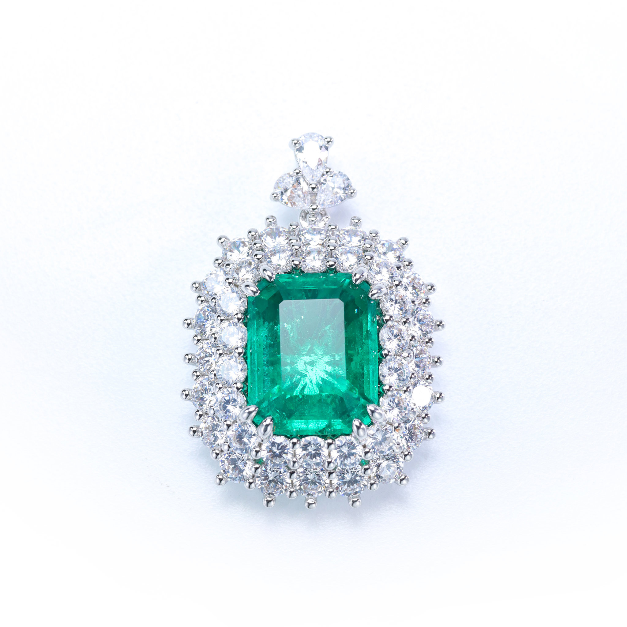 Picture of 18K Gold Plated Emerald-Cut Lab-Created Emerald Halo Pendant with Cubic Zirconia