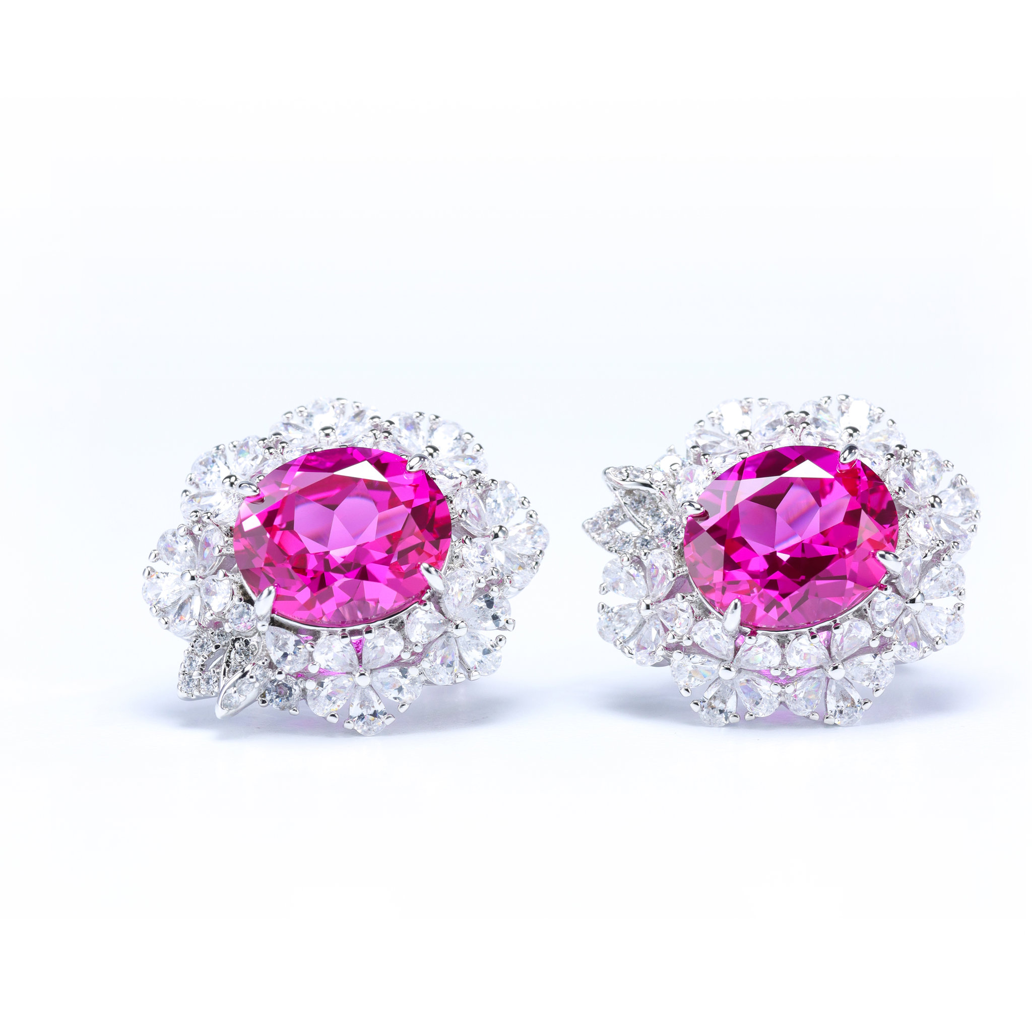 Picture of 18K Gold Plated Lab-Created Ruby Flower Stud Earrings with Cubic Zirconia